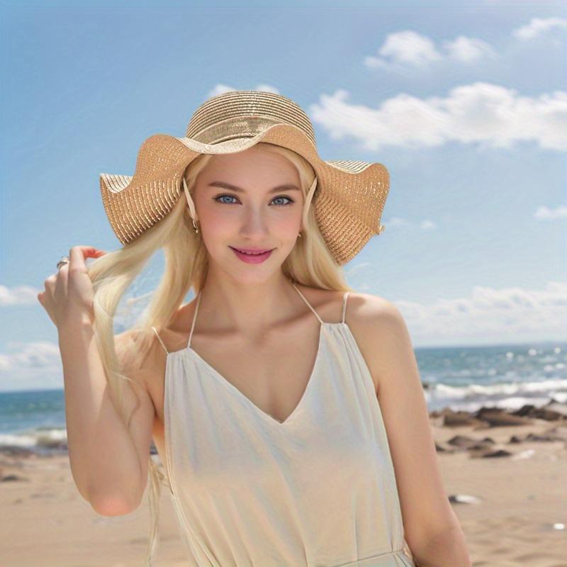 1pc Khaki Bow-Decorated Sun Hat Foldable Wide-Brim Straw Hat Minimalist Straw Cap