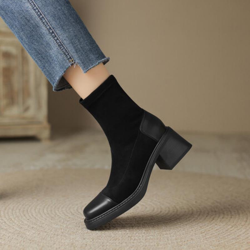Korean version of the new suede medium heel large size women's boots thick-soled non-slip leather boots round head medium boots square and autumn a