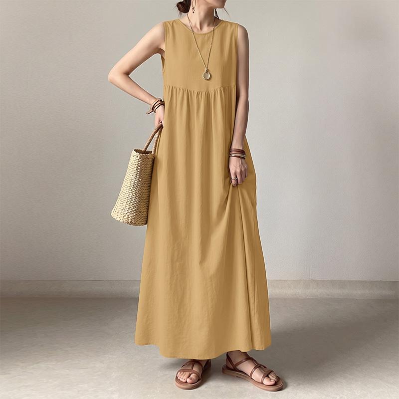 ZANZEA Women Casual Round Neck Solid Color Sleeveless Long Dress