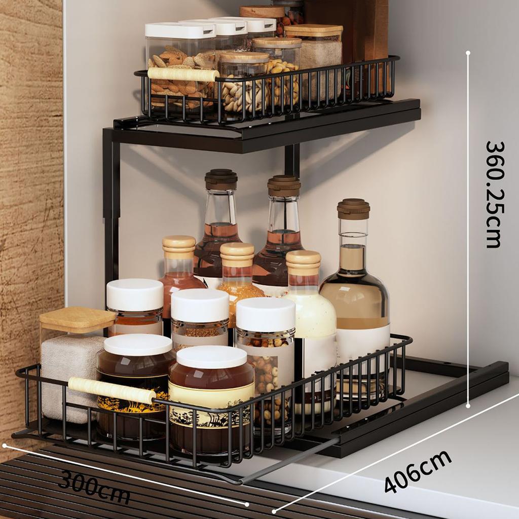 Under Sink Cabinet Shelf Multifunctional Slide Out Double Layer Spice Drawer Storage Sink Shelf for Bathroom Kitchen