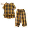 Women's 2 Piece Lounge Set Casual Plaid Plus Size Short Sleeve Top And Tracksuit Pants Set Summer Loose Outfit
