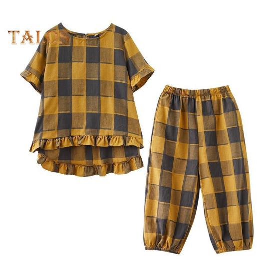 Dámský dvoudílný set s krátkým rukávem a teplákovými kalhotami ve velké velikosti, ležérní kostkovaný, volný, letní