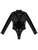 Women Wet-look PVC Leather High Collar Long Sleeves Teddy Bodysuit Catsuit Nightwear Clubwear