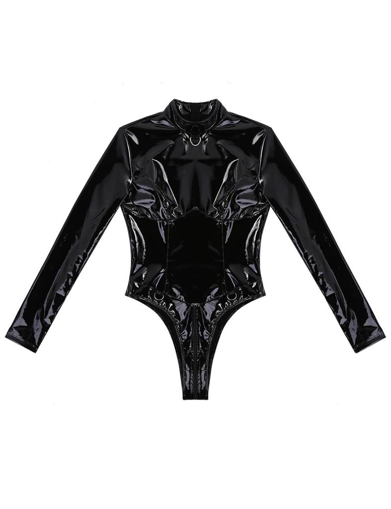 Women Wet-look PVC Leather High Collar Long Sleeves Teddy Bodysuit Catsuit Nightwear Clubwear