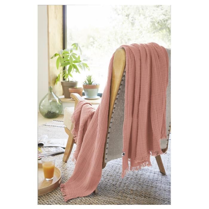 Plaid quadruple gaze de coton - Gaia - 130 x 160 cm - Rose - DETOX TO ZERO by OEKO-TEX®