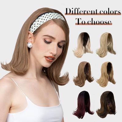Women's Short Curly Synthetic Fiber Wig with Headband Ladise Drawstring Style Daily Use Natural Looking Wig with Slightly Flipped Ends