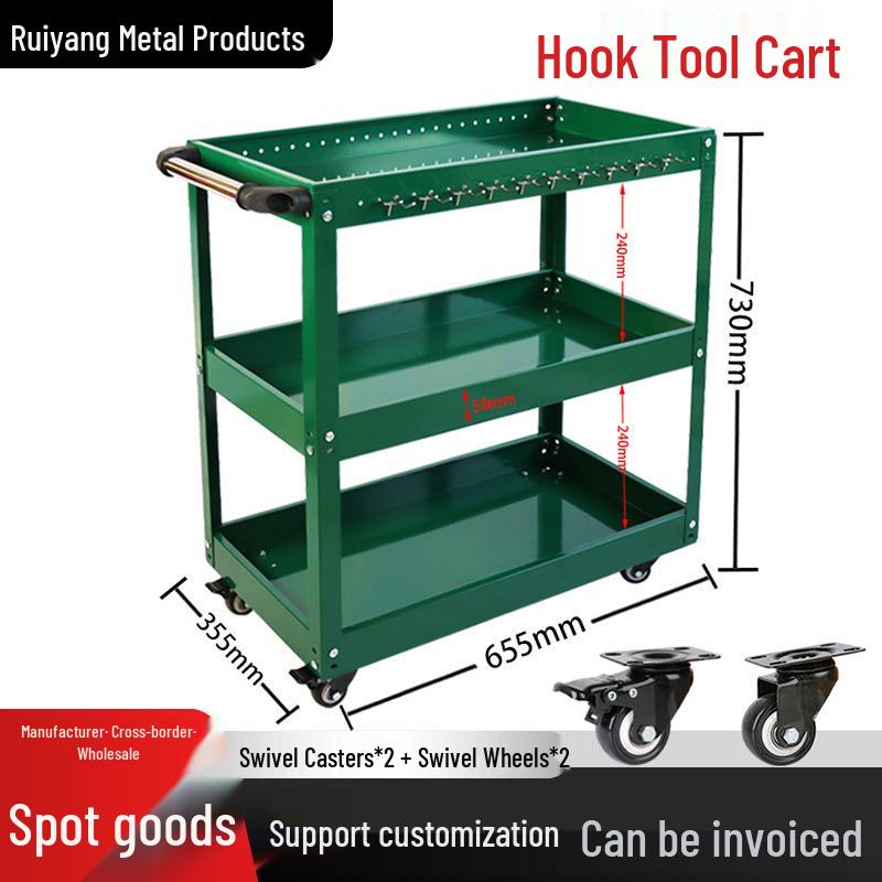 Compact Multi-Layer Tool Cart with Drawers for Auto Repair and Maintenance Red Three-Layer Tool Cart with Hooks