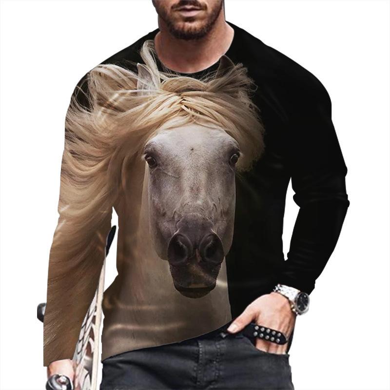 Spring and Autumn Round Neck Horse 3D Printed Top Fashionable Casual Long Sleeved Men's T-shirts