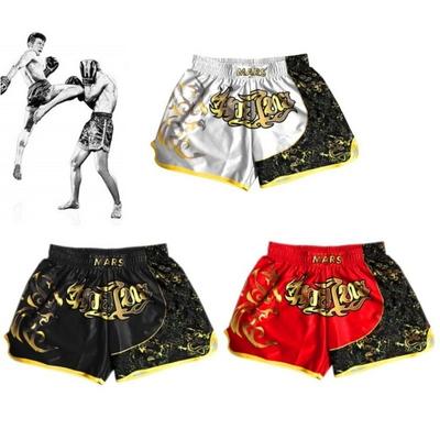 Pantaloncini Muay Thai unisex Seta ghiacciata Ricamo stampato Elastico in vita Boxe Lotta Kickboxing Grappling Allenamento Pantaloncini da palestra