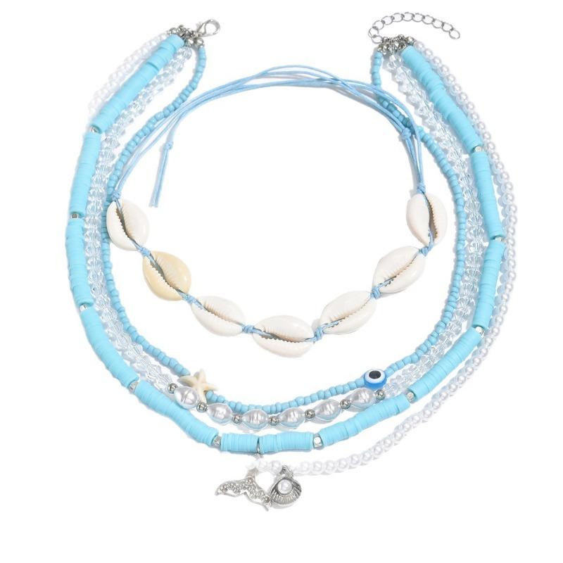 Blue Bohemian Necklace Seaside Necklace Soft Pottery Pearl Shell Multilayer Stacked Necklace