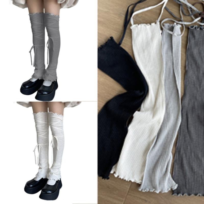 Japanese Ribbed Thigh High Leg Warmers Lace Up Bandages Over Knee Flared Leg Covers Ruffle Trim Footless Socks for Women
