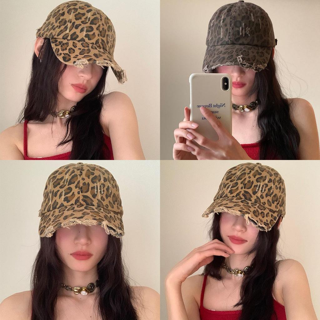 Vintage Leopard Print Adjustable Baseball Cap For Women With Embroidered Style And Sun Protection
