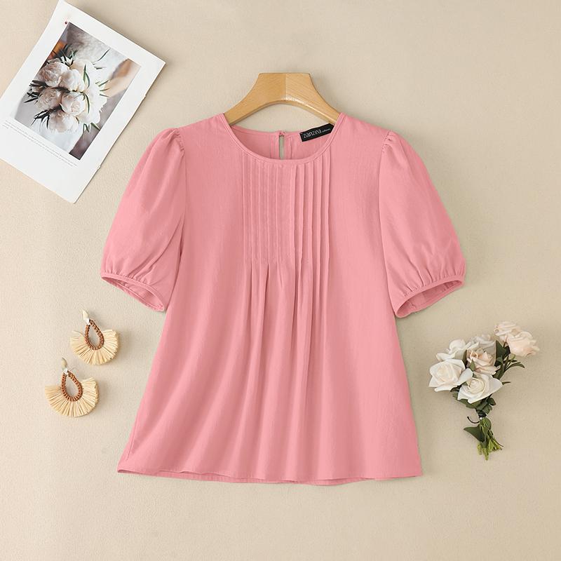 

ZANZEA Женская повседневная летняя хлопковая блузка с круглым вырезом и коротким рукавом 4XL розовый