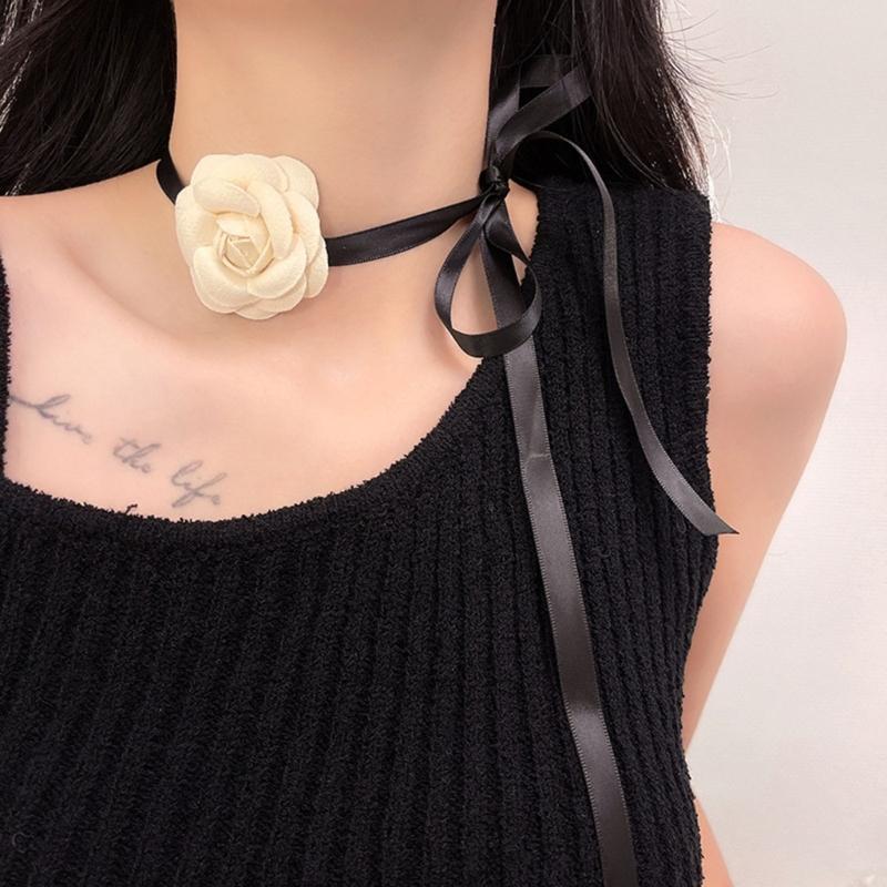 White Flower Collar Bowknot Necklace Chain Temperament Polyester Ribbon Necklace Choker for Women Festival Jewelry