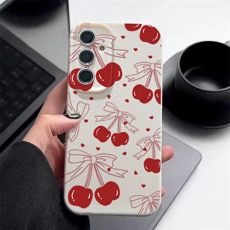 Carcasă subțire mată cu model Cherry Bowknot pentru Samsung S25 S24 FE S23 Ultra S22 A36 A56 A16 A55 A26 A35, textură din piele TPU, moale, rezistentă la șocuri, husă de telefon