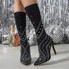 Mode Eilyken Style Rue Sexy Tissu Stretch Genou Haut Bottes Femmes Design Cristal Bout Pointu Talons Fins Chaussette Stripper Longues Chaussures