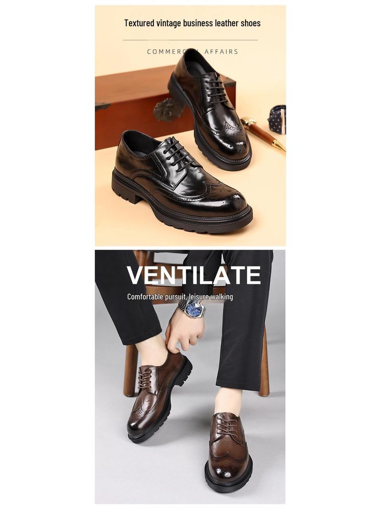 Men's Genuine Leather Brogue Shoes - Formal, Trendy High-end British Style with Thick Soles