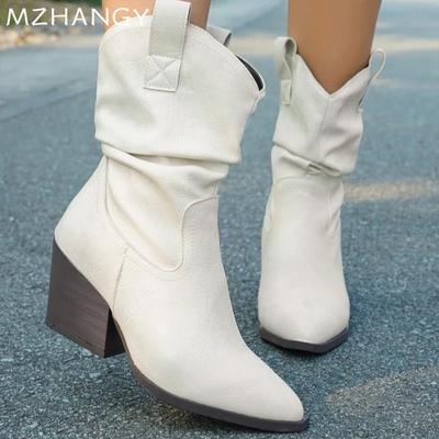 Mode Damen Plateau Schneestiefel Leder Spitzzehe Hohe Absätze Mittelhohe Stiefel Damen 2024 Trend Mode Winter Neu Gemütlich Mujer Botas