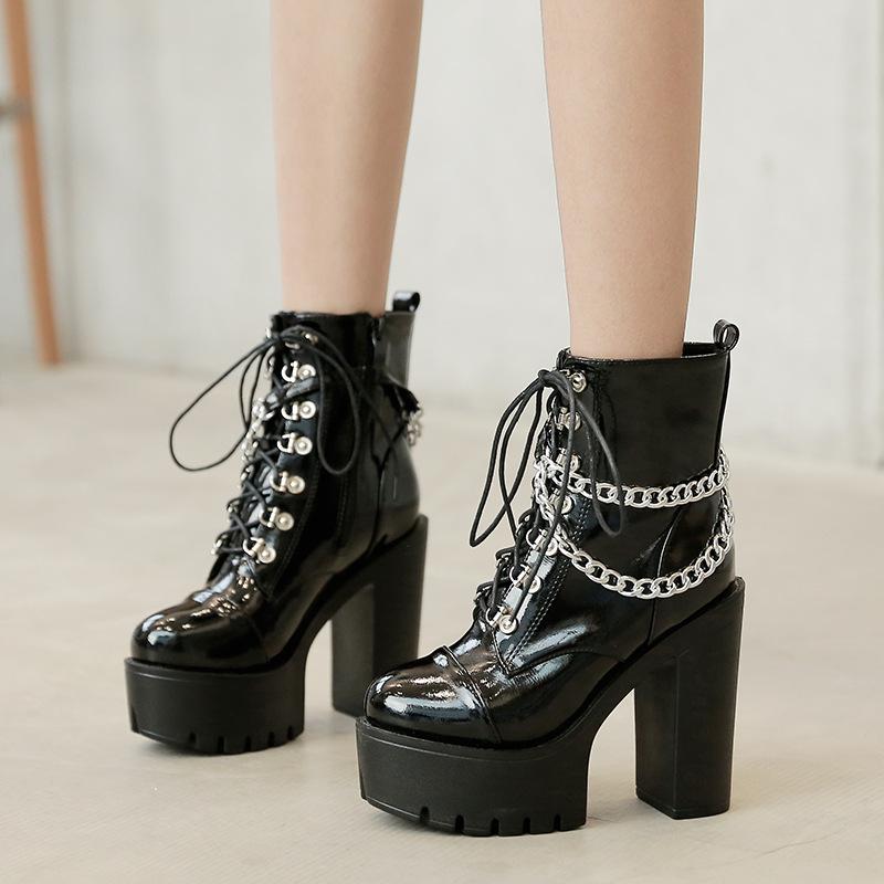 Gothic Punk Boots Fashion Patent Leather Short Boot Metal Chain Design High Heels Boots for Women Side Zip Thick-heel Ankle Boot