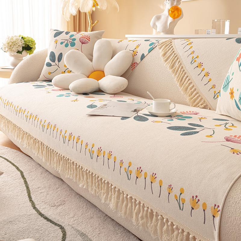 Cotton And Linen Sofa Cushion, Universal Non-Slip Seat Cushion For All Seasons, Old Coarse Cloth, Ethnic Style Fringed Sofa Cover Cover Cloth