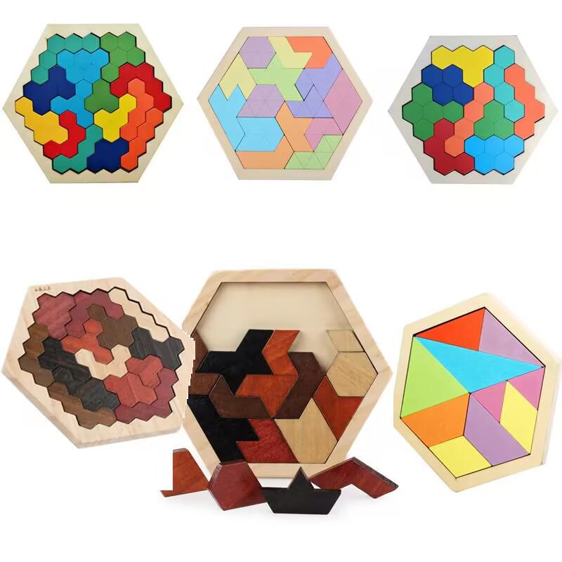 Hexagonal Wooden Geometric Puzzle Blocks for Kids 