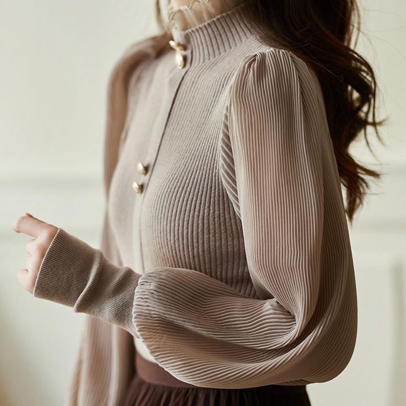 Tops for Women Long Sleeve Shirts Winter Oversize Half-High Collar Solid Color Vintage Casual Shirt Loose Blouse Pullover Tops