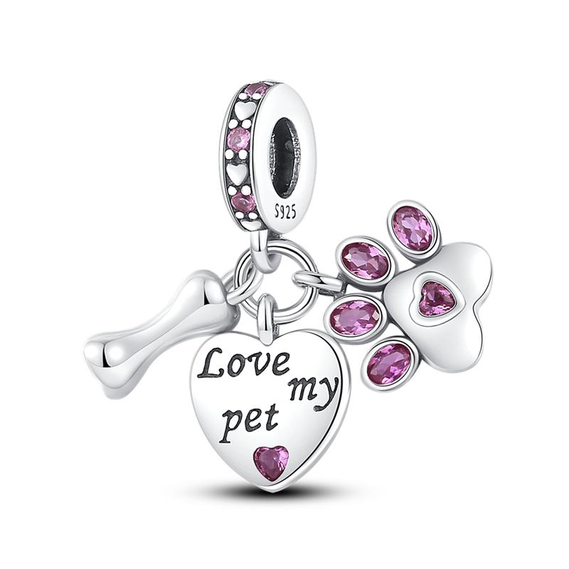 925 Sterling copper Cat and Dog Series Best Friend Pendant Fit 4MM hole diamete Bracelet Charms Bead Necklace DIY Female Zircon