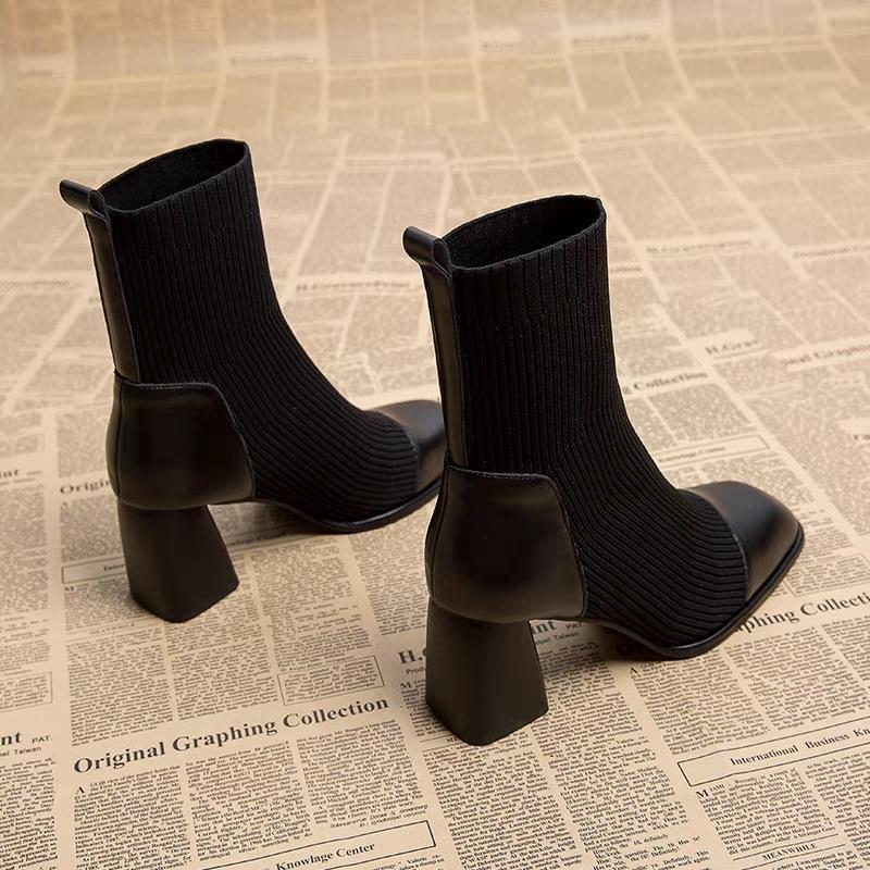 Frühling/Herbst Mode Eckige Zehenpartie Mittelhoch Absatz Ärmel Elastizität Mode Stiefel Einfarbig Bequem Auto Naht Einfache Kurze Stiefel