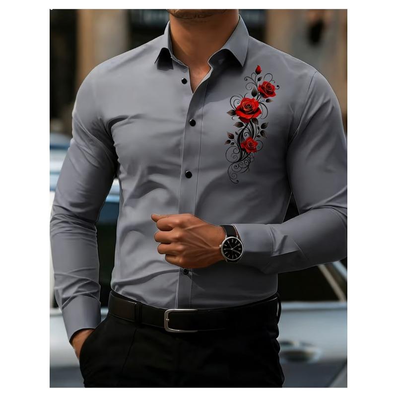 Romantic Men's Fashion! Passionate Rose Printed Long-Sleeve Business Casual Shirt for Men