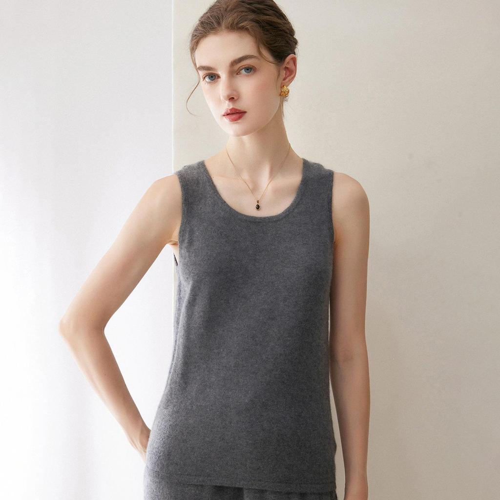 Women's Cashmere Sleeveless Camisole: Low-Neck Knit Top in Winter White, Blue, Green, Velvet, and Rice Colors.
