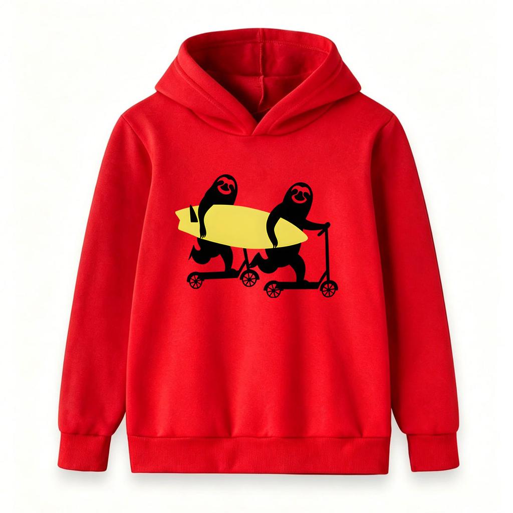 Kids Boys Girls Hoodie, Funny Sloths Ride Scooter Hold Surfboard Print Casual Long Sleeve Pullover Hooded Sweatshirt for Youth Children Daily Wear