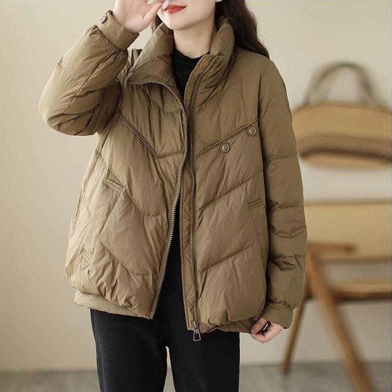 

Literary and artistic small down jacket women s short winter new retro loose design sense white duck down warm jacket tide L хакі