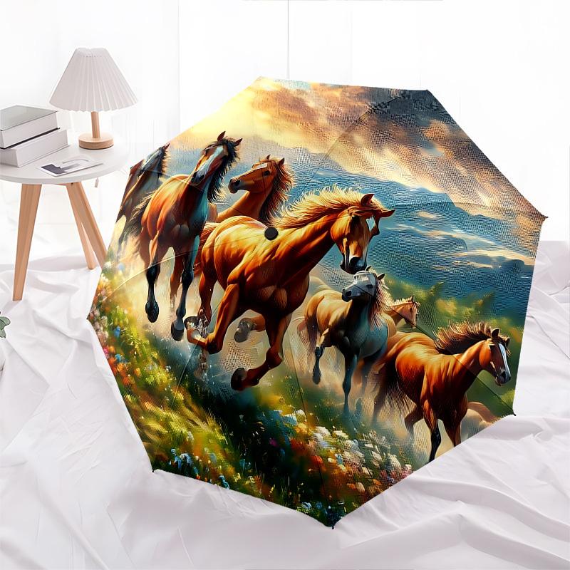 Horses, Sunset Automatic Folding umbrella Compact 8 rib Design, Unique Style, Suitable for Everyday Outdoor Use, Perfect Gift for Friends an