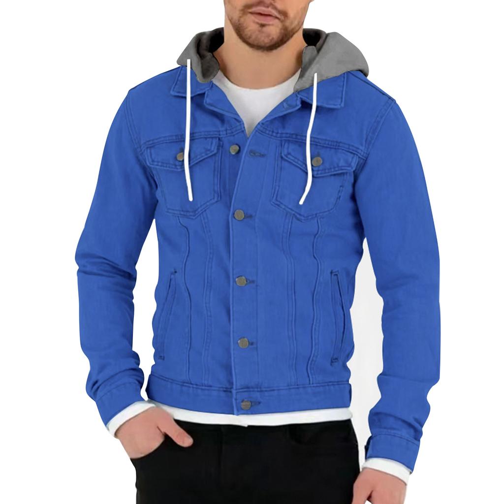 Men's Solid Color Outdoor Workwear Casual Loose Long-Sleeved Hooded Denim Jacket