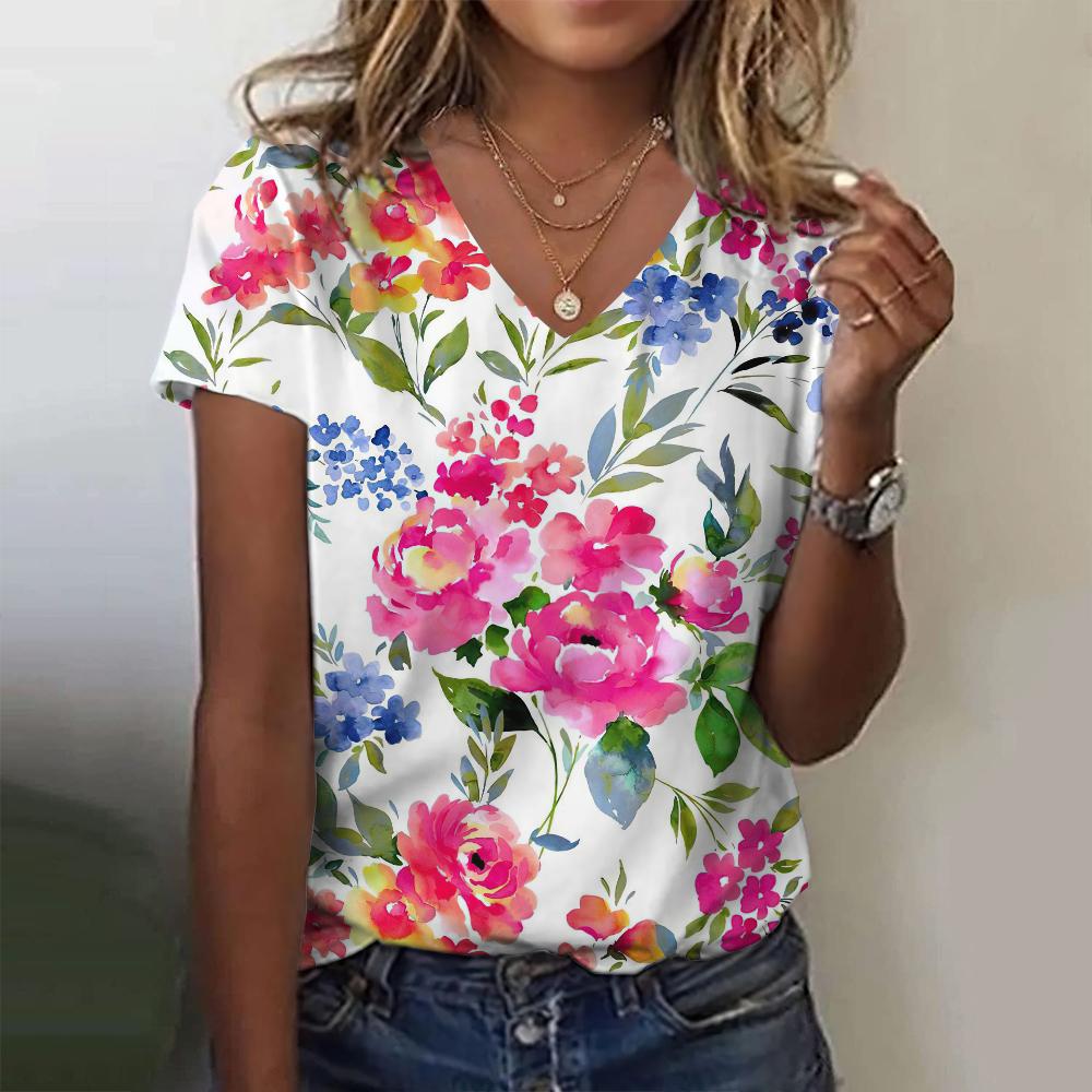Women's Summer Floral Print 3D Printing T-shirt Women's Street Harajuku V-neck Top Oversized Clothing