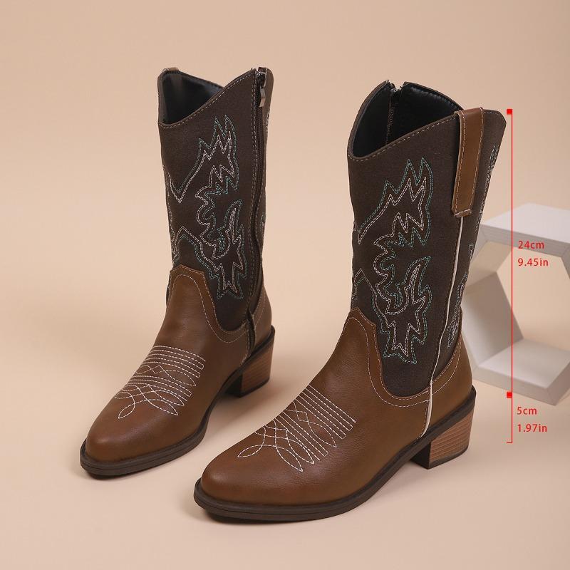 

Новая обувь больших размеров, вышитые ботильоны-рыцари на среднем каблуке с острым носком, ретро обувь на массивном каблуке 36 коричневый/чёрный