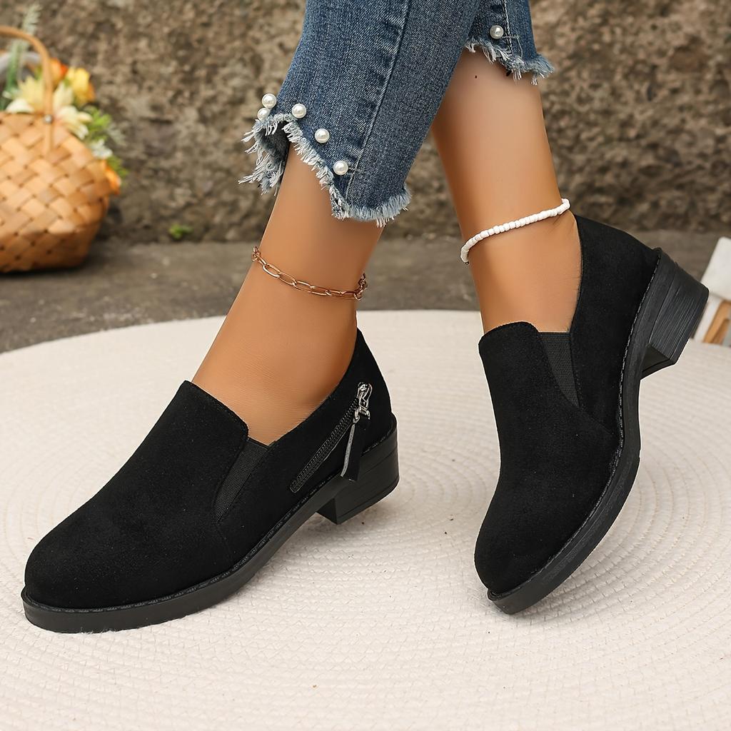 Women's Comfortable Slip-On Loafers - Soft Sole, Breathable Fabric, All-Season Brown Flats with Side Zipper Detail and Rubber Sole