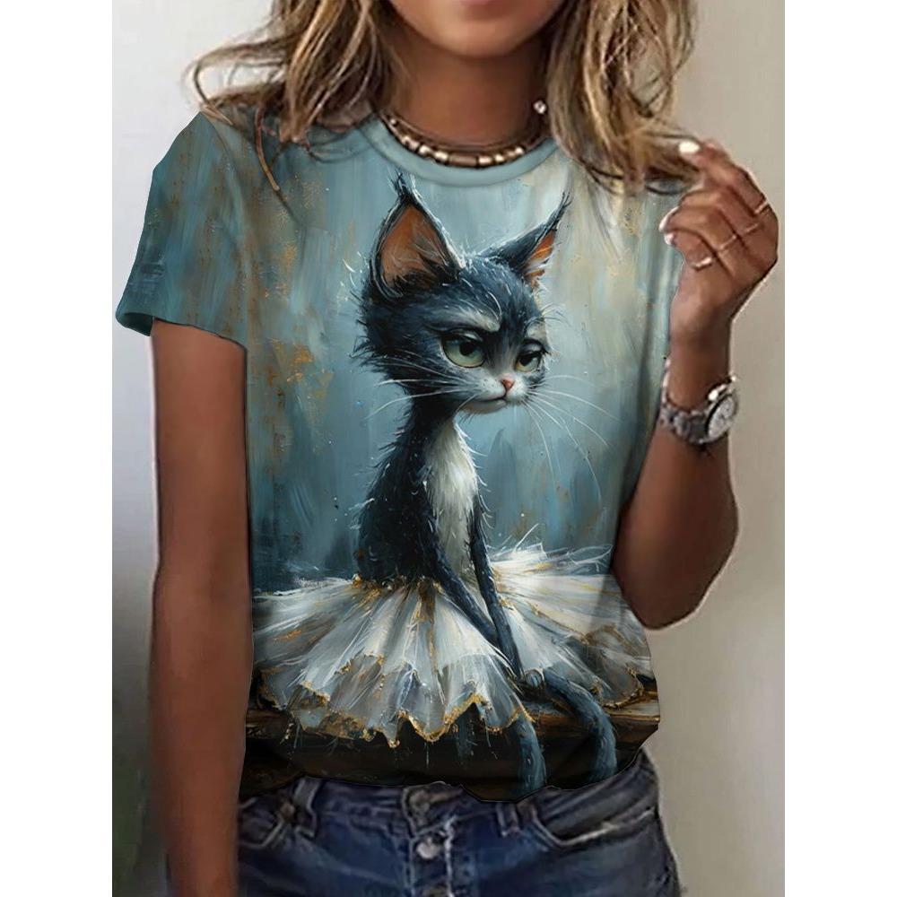 New Cute Cat Dances Ballet T-Shirts 3D Print Women Short Sleeve Round Neck T Shirt Summer Tees Harajuku Y2K Tops Female Clothing
