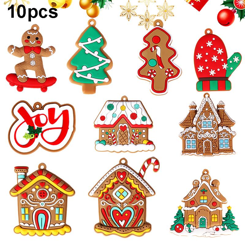6/8/10/12pcs Christmas Ornament Hanging Christmas Tree Decorations Wall Winter New Year Party Holiday PVC Gingerbread House