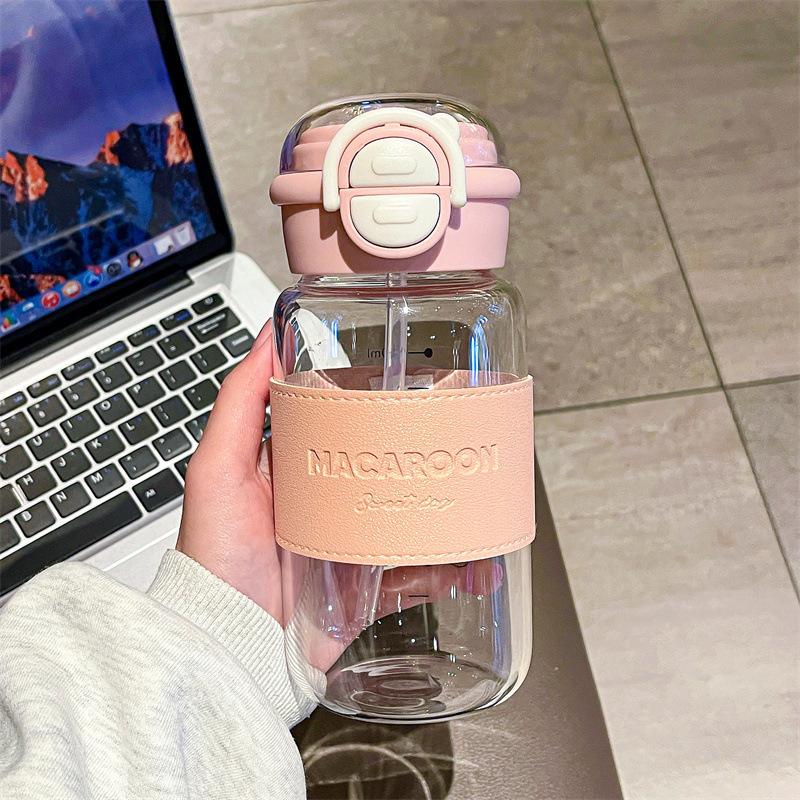 Double drink glass water cup for girls ins high value, temperature resistance and anti-scalding, cute light luxury, high-end feeling, cup with straw.