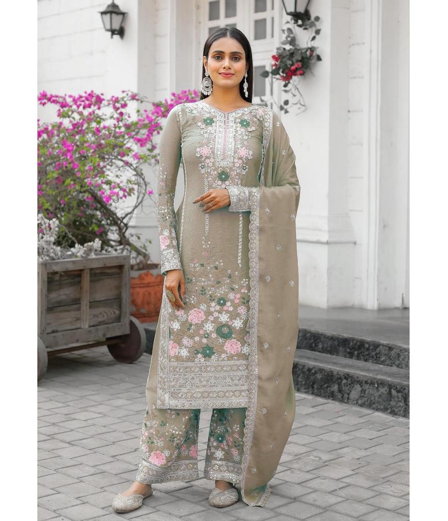Indian Designer Chinon Silk Salwar Suit Women Bollywood Party Wear Salwar Kameez