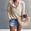Women's Fashion V-Neck Pullover Button Long Sleeve Solid Color Slim Top