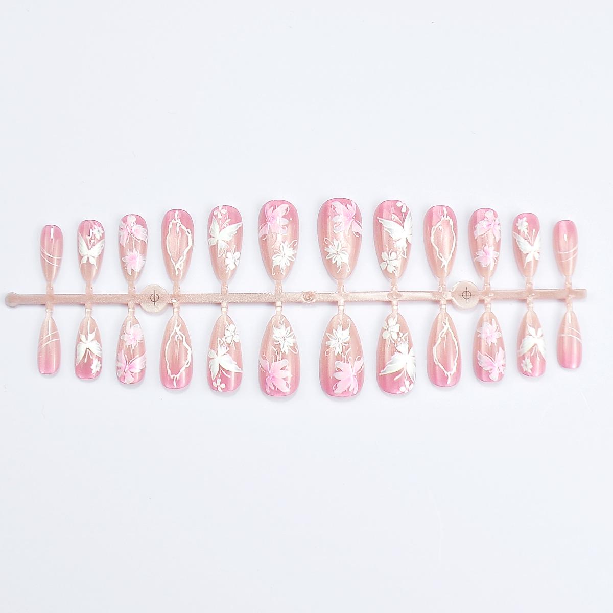 Spring Floral Almond-Shaped Nail Art Tips with White Butterfly Design - 24 Pieces