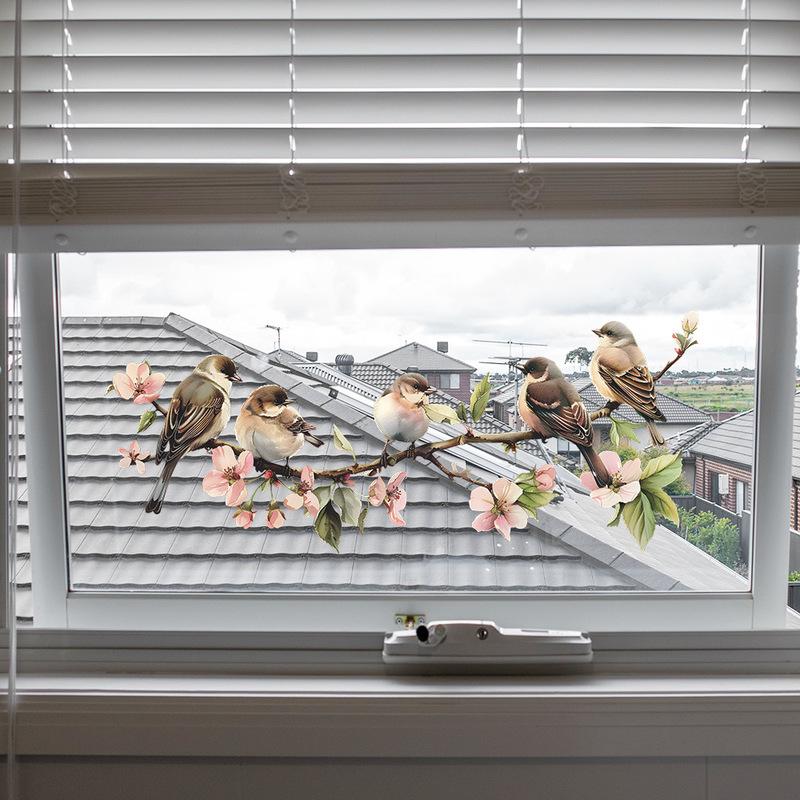 Colorful Flower Branches Bird Glass Windows Home Beautification Decoration Electrostatic Window Stickers Self-adhesive Removable