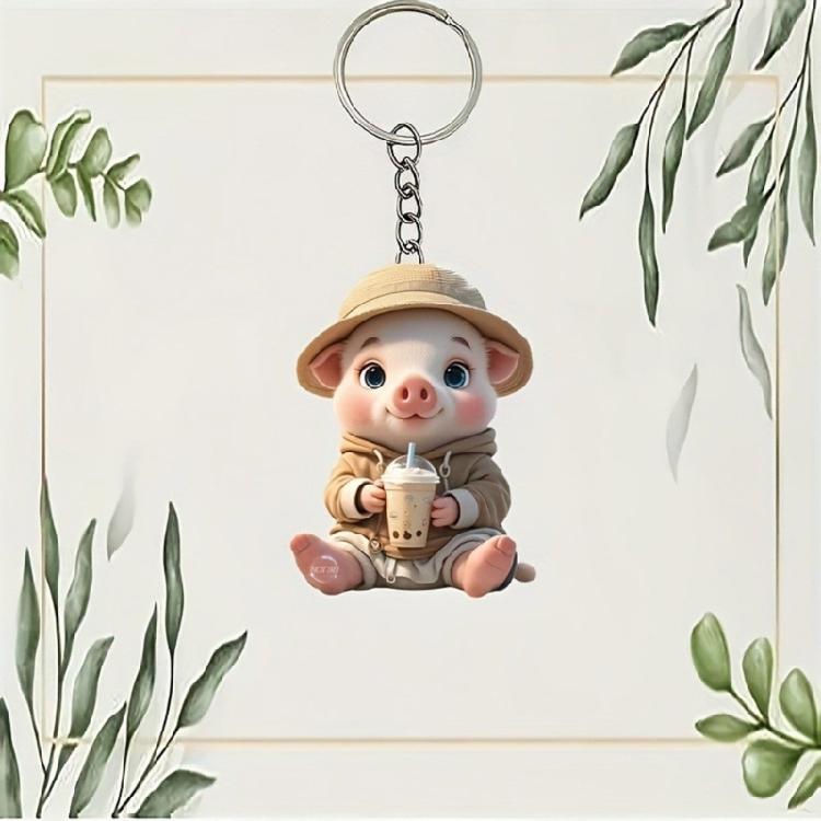 Charm Acrylic Pig Keychain With Milk Drink Artwork for Girls Room Decoration and Gift Giving