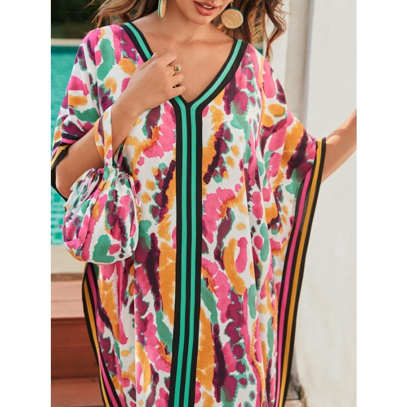 Damenmode Sommer Frühling Leopardenmuster 1/2 Ärmel V-Ausschnitt Lose Taille Freizeitkleider