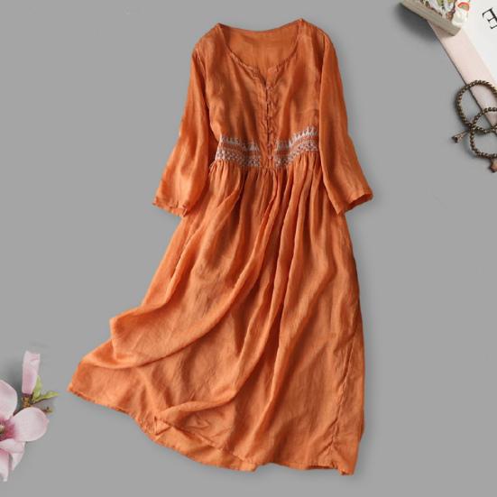 Summer Retro Ethnic Style Embroidery Print Midi Dress O-neck Long Sleeve Buttons Half Placket A-Line Mid-calf Length Casual Dress