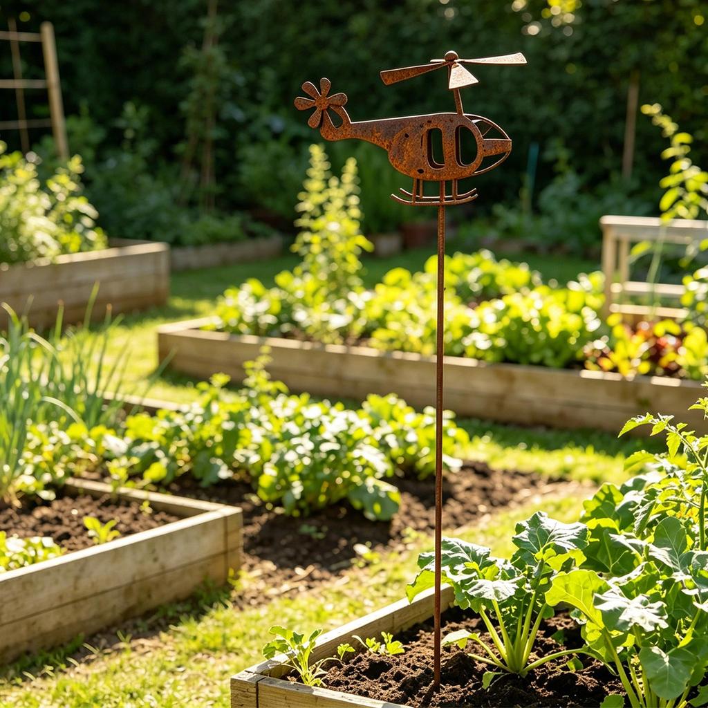 Metall-Hubschrauber Gartenstecker für den Außenbereich Rost-Finish Dekoratives Hofornament mit drehenden Rotorblättern und Erdspieß für Rasen und Terrasse