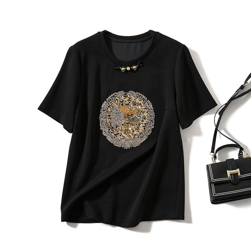 

Handmade Ten Thousand Metal Beads! Cool Women Silk Cotton Stretch Short sleeve Dragon Pattern T-shirt Original Single Four Seasons Top Black Old powder forced