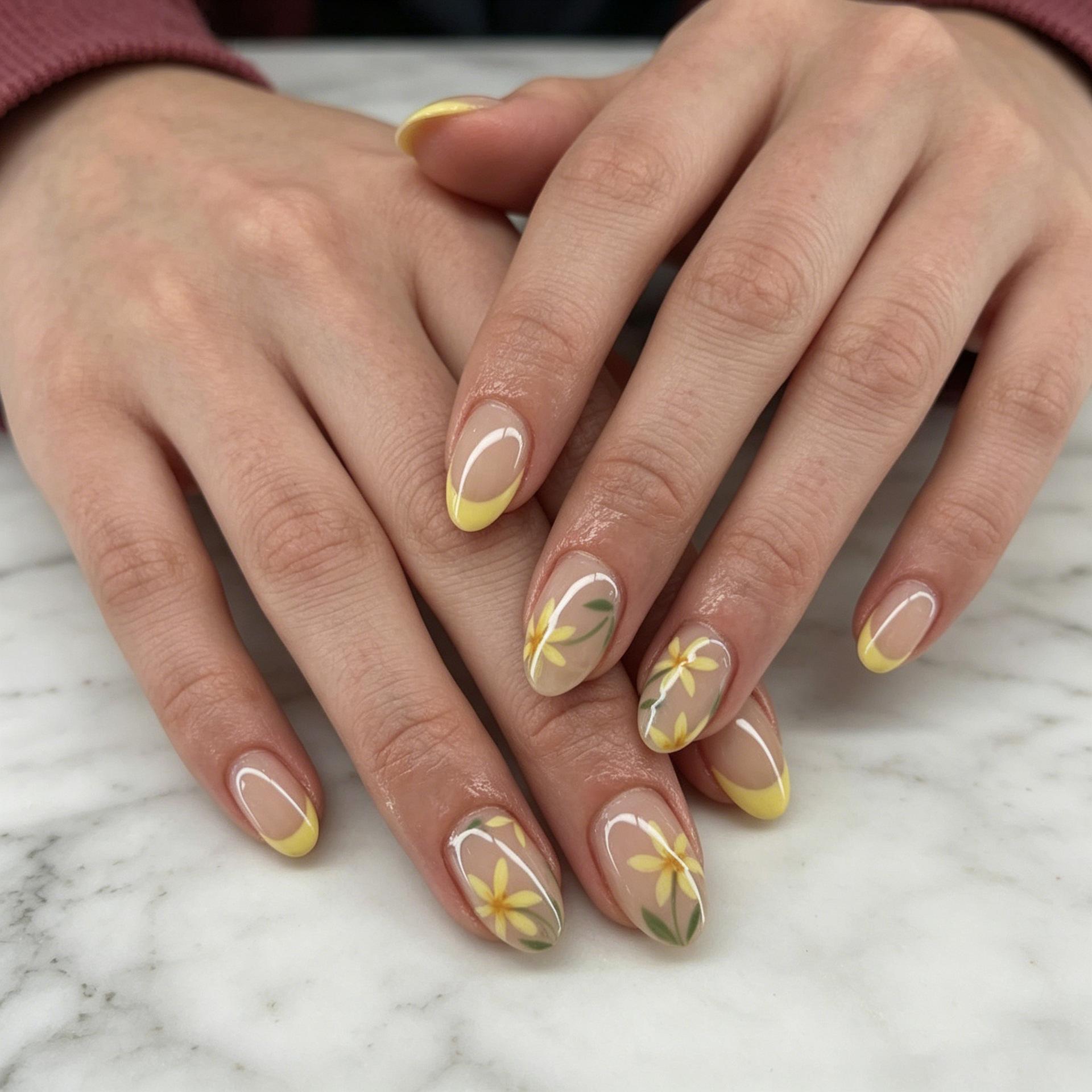 24 Nail Art Summer Fresh Lemon French Small Yellow Flower Short Almond Nail Wear Nail Jelly glue + rubbing strips*3pcs
